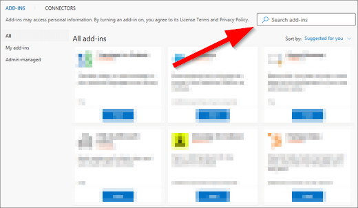 Capture d'écran de la barre de recherche du magasin d'add-ins Office