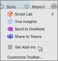 Capture d'écran du bouton Obtenir des compléments dans Microsoft Outlook sur macOS