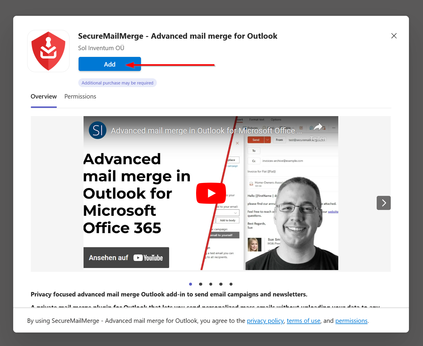 Capture d'écran de la boîte d'application SecureMailMerge dans AppSource