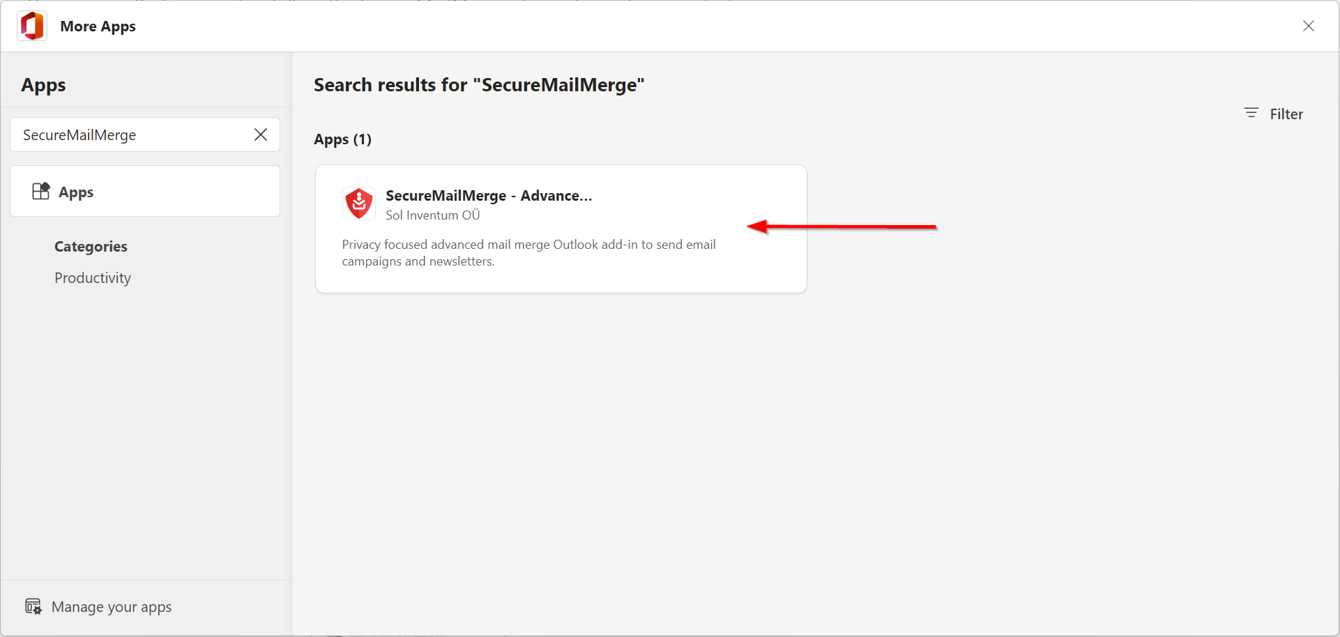 Capture d'écran du résultat de recherche SecureMailMerge dans AppSource