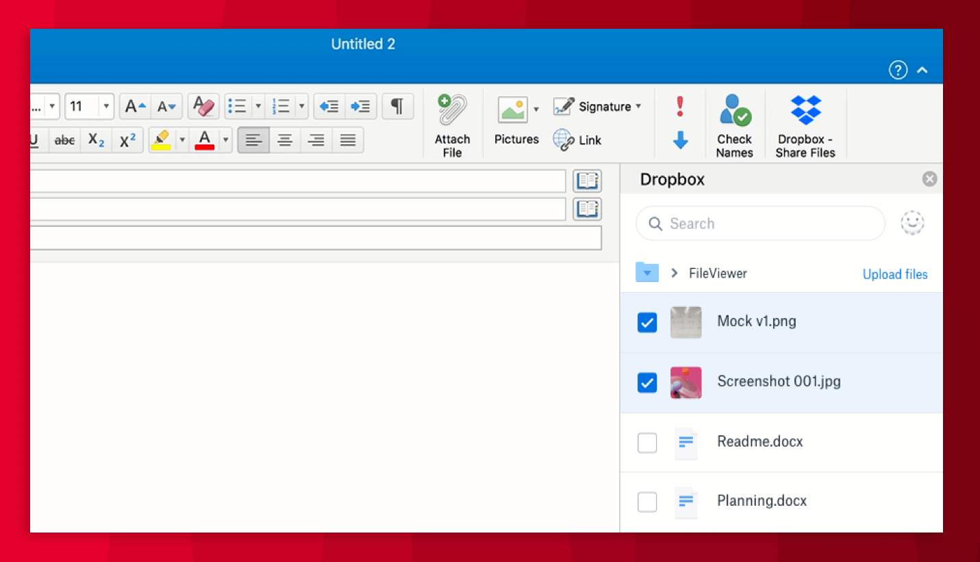 Capture d'écran de Dropbox pour Outlook © Dropbox
