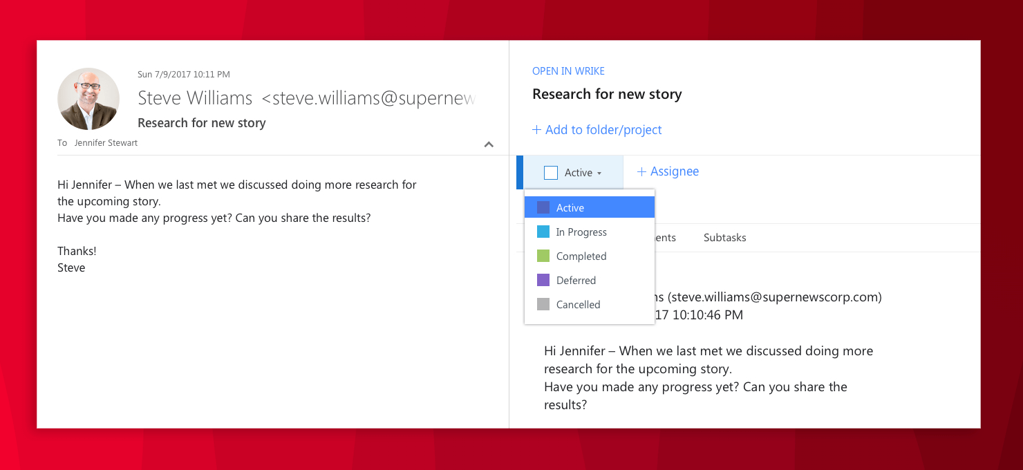 Capture d'écran de Wrike Outlook © Wrike