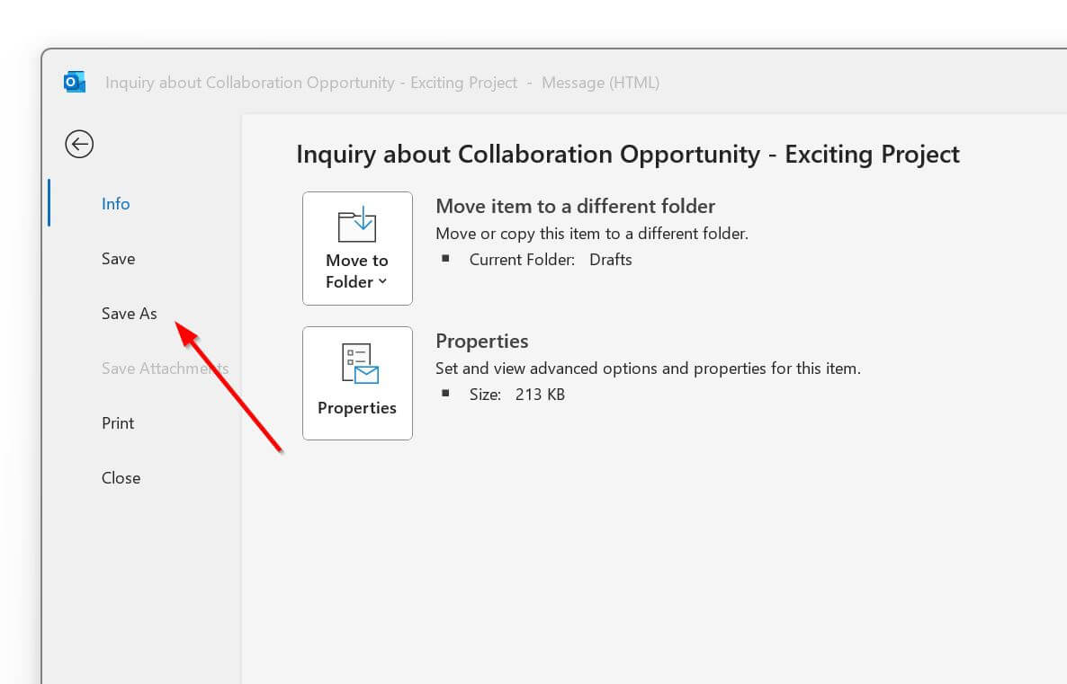 Capture d'écran du menu Enregistrer sous d'Outlook
