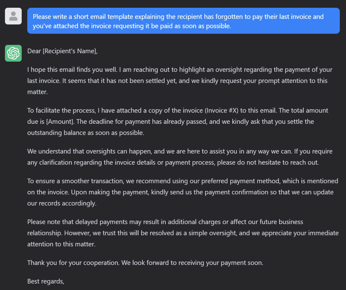 Une réponse de ChatGPT vous donnant un corps d'e-mail pour commencer