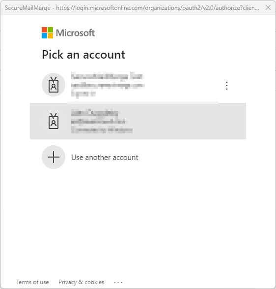Fenêtre d'authentification dans SecureMailMerge
