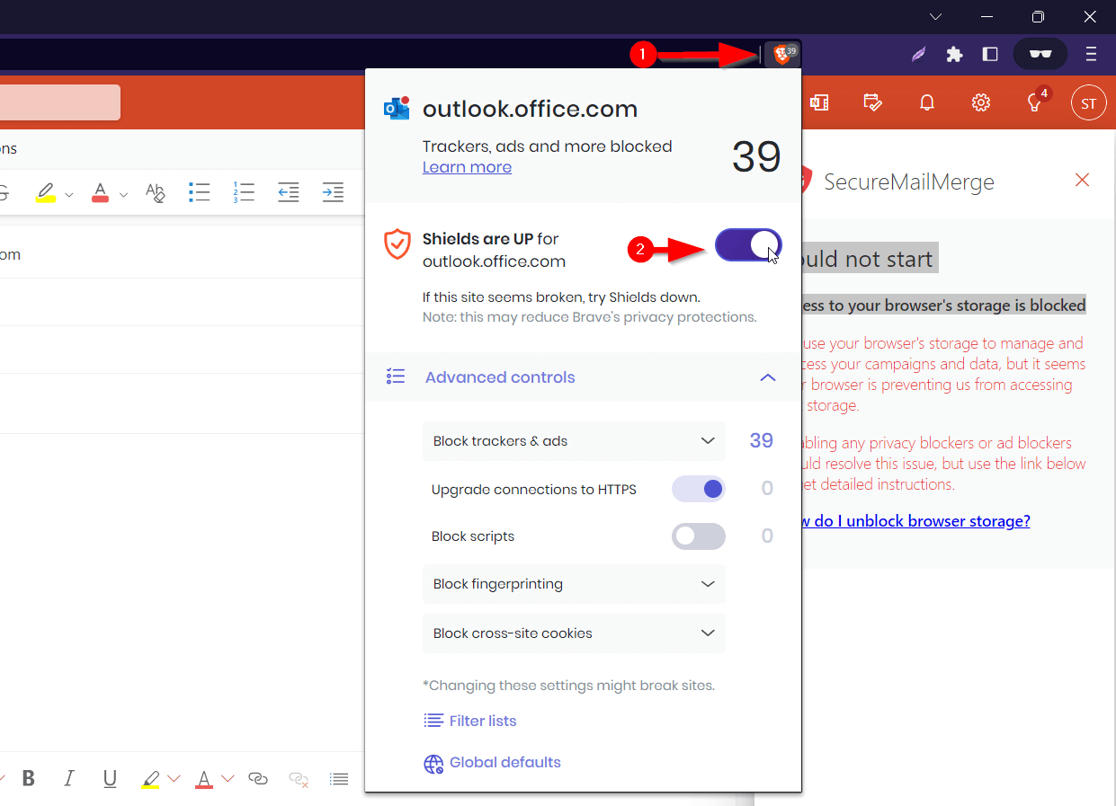 Capture d'écran du menu de confidentialité de Brave