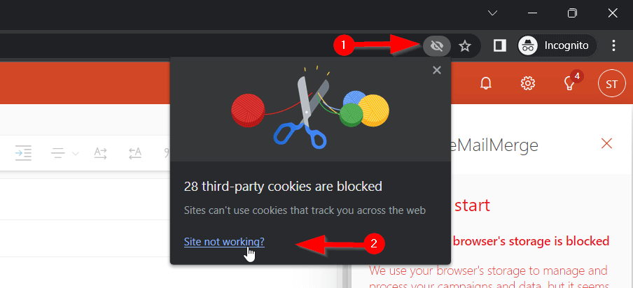 Capture d'écran de l'activation des cookies tiers dans Chrome