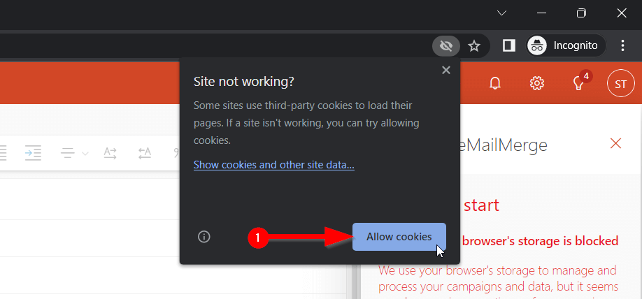 Capture d'écran de l'activation des cookies tiers dans Chrome